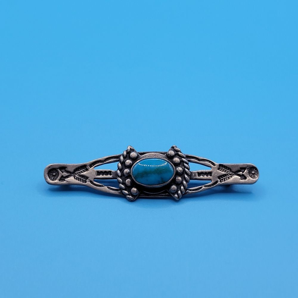 Vintage Sterling Silver 2055 Turquoise Medium Long Oval Brooch - Picture 2 of 12